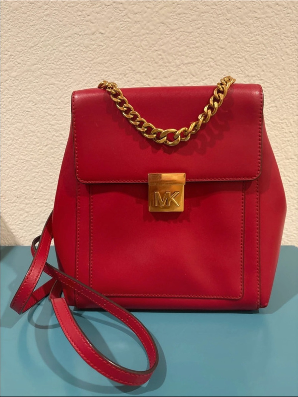 Michael Kors Mindy Red Leather Backpack with Gold Chain